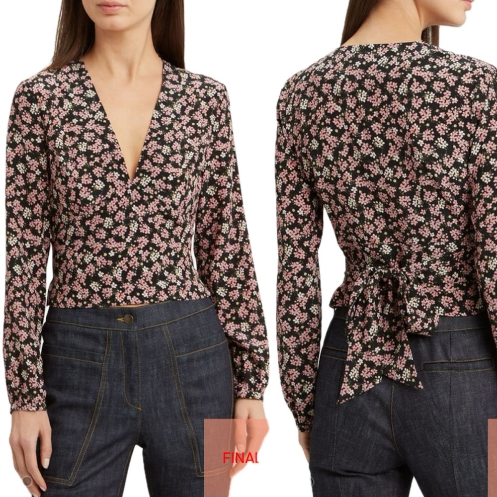 Intermix 100% Silk Raven Floral Wrap Tie Blouse Womens Size M Long Sleeve V-Neck